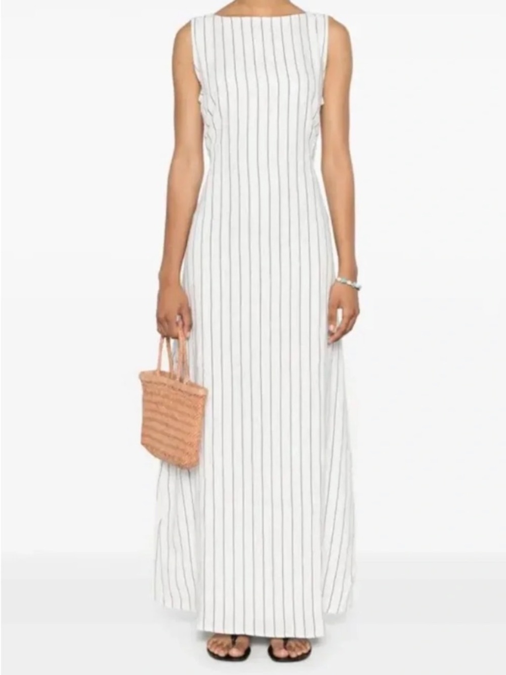 Faithfull the Brand Linen Maxi Dress in White with Black Pinstripes